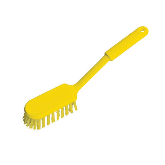 The Haug handle scrub brush PBT soft with long handle from Haug Bürsten KG is a yellow brush with a long handle and hanging hole, designed for hygienic cleaning. Soft bristles. Pictured on a white background.