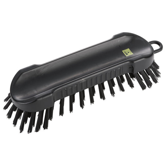 The Haug Bürsten KG ESD SCRUBBING BRUSH ROUND, NYL.6.0 BLACK (185x45x26mm) is a black, conductive plastic brush with stiff bristles on both sides and a hanging hook, ideal for cleaning sensitive surfaces, depicted on a white background.