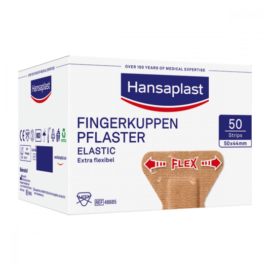 A box of Beiersdorf AG Hansaplast Elastic Finger Tip Plasters 5 x 4.4 cm - 50 pieces | Package (50 pieces) flexible plasters developed for finger tips. The packaging is white and blue, contains 50 strips and bears the Hansaplast logo.