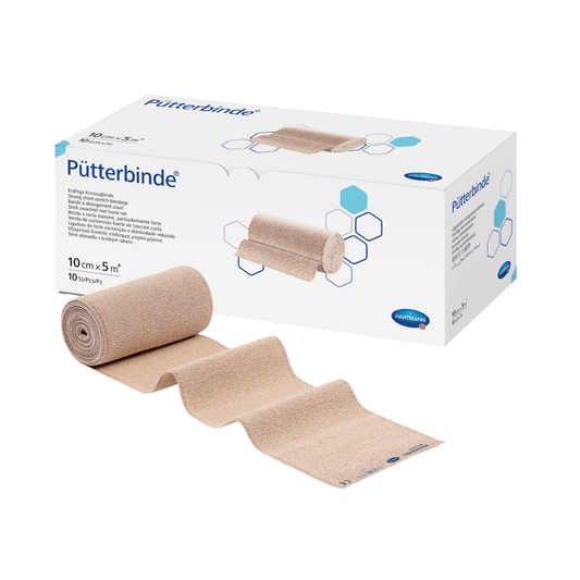 A box with compression bandages from the brand Hartmann Pütter-Verband® on a white background, next to the box is a partially unrolled bandage.