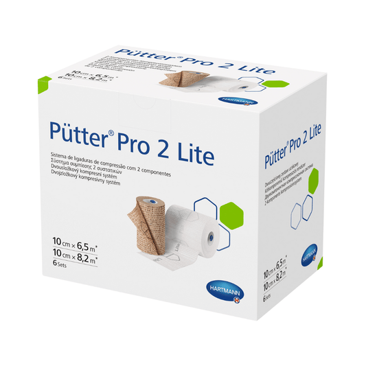 A product box for the Hartmann Pütter® Pro 2 Lite Compression Bandage Set System, displaying information about the product dimensions and usage against a white background. The box is white with blue and green accents.