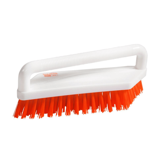 We present the Haug ANTI BAC Scrub Brush antibacterial Orange from Haug Bürsten KG: a cleaning brush with a white plastic handle and densely packed, angled red bristles. The rectangular handle is attached at the top of the brush head, ensuring effective antibacterial cleaning and facilitating hygienic cleaning against a simple white background.