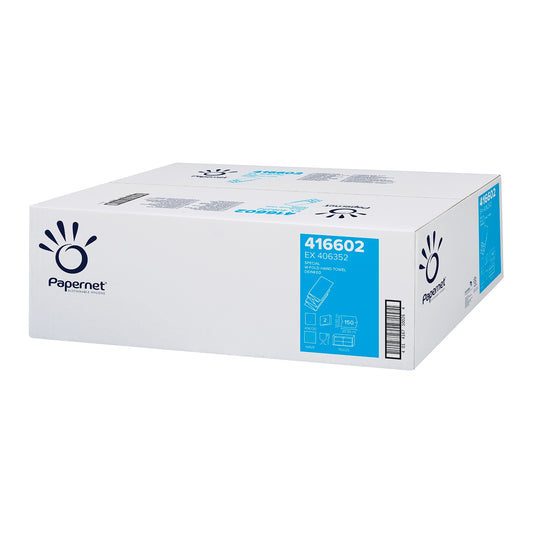 A large white box with the logo of Sofidel Germany GmbH and the product number 416602 is used to transport Papernet paper towels. The box contains illustrations with detailed product information highlighting the product's effectiveness in efficient hand drying while considering environmental impacts.