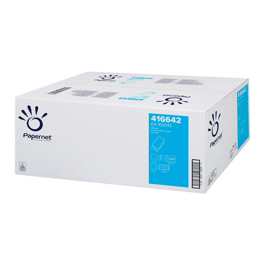 A large rectangular box from Sofidel Germany GmbH with the Papernet logo and blue accents contains high-quality 2-ply V-fold paper towels. It carries the number 416642, contains folded towels, and is certified with the EU Ecolabel. On the sides of the packaging, there are pictures and product details.