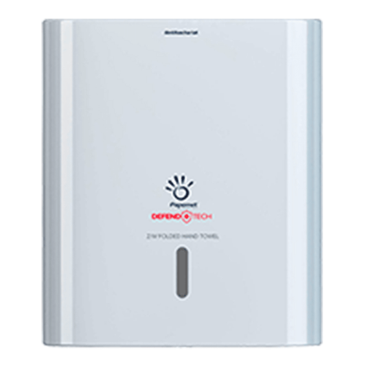 A shiny white paper towel dispenser with the brand Sofidel Germany GmbH and the red 'DEFEND TECH Z-Folded Hand Towel' next to a handprint logo. The design of the DEFEND TECH technology features a vertical, translucent slot for easy monitoring of the towel level, making it perfect for Papernet folded towels. Product name: Papernet Antibacterial Dispenser for Z/W-Folded Hand Towels with Defend Tech Technology | Carton (1 Pack).