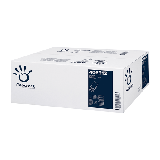 A white box with a blue label bears the logo of Sofidel Germany GmbH and the product number 406312. This box is designed to hold Papernet W-Fold, a three-ply tissue paper, and displays W-Fold images and descriptive text on the sides.