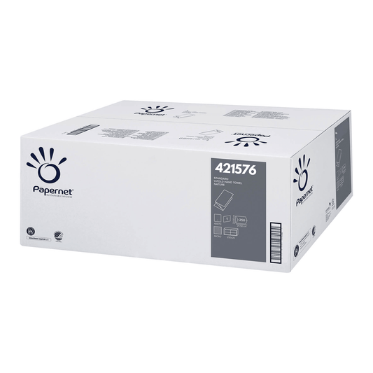 A white rectangular box with 1-ply Papernet V-fold paper towels (421576) from Sofidel Germany GmbH is delivered in a carton with logos and descriptions emphasizing the company's commitment to recycled paper.