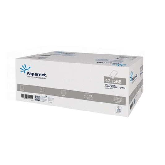 The image shows a large, white, rectangular box with Papernet paper towels 421568 from Sofidel Germany GmbH with brand logo and product details. The box contains 3990 towels in 2-ply V-fold form, distributed over 15 packs, thus emphasizing efficient hygiene solutions.
