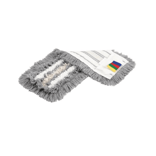 On a white background rests a gray mop head with tiered fringes and a multicolored label highlighting the high cleaning performance of the CombiSpeed Trio Mop by Vileda GmbH.